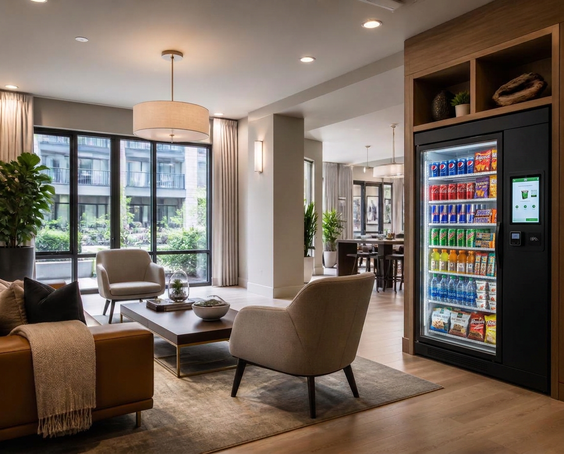 Apartment clubhouse lounge with a glass-front refreshment cooler built into the millwork