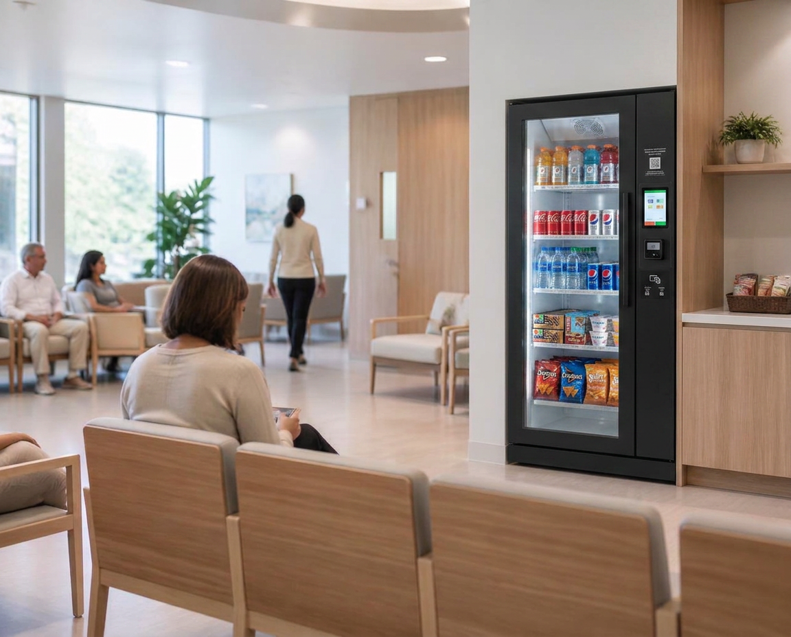 Bright healthcare waiting area with light wood seating and a self-service refreshment cooler