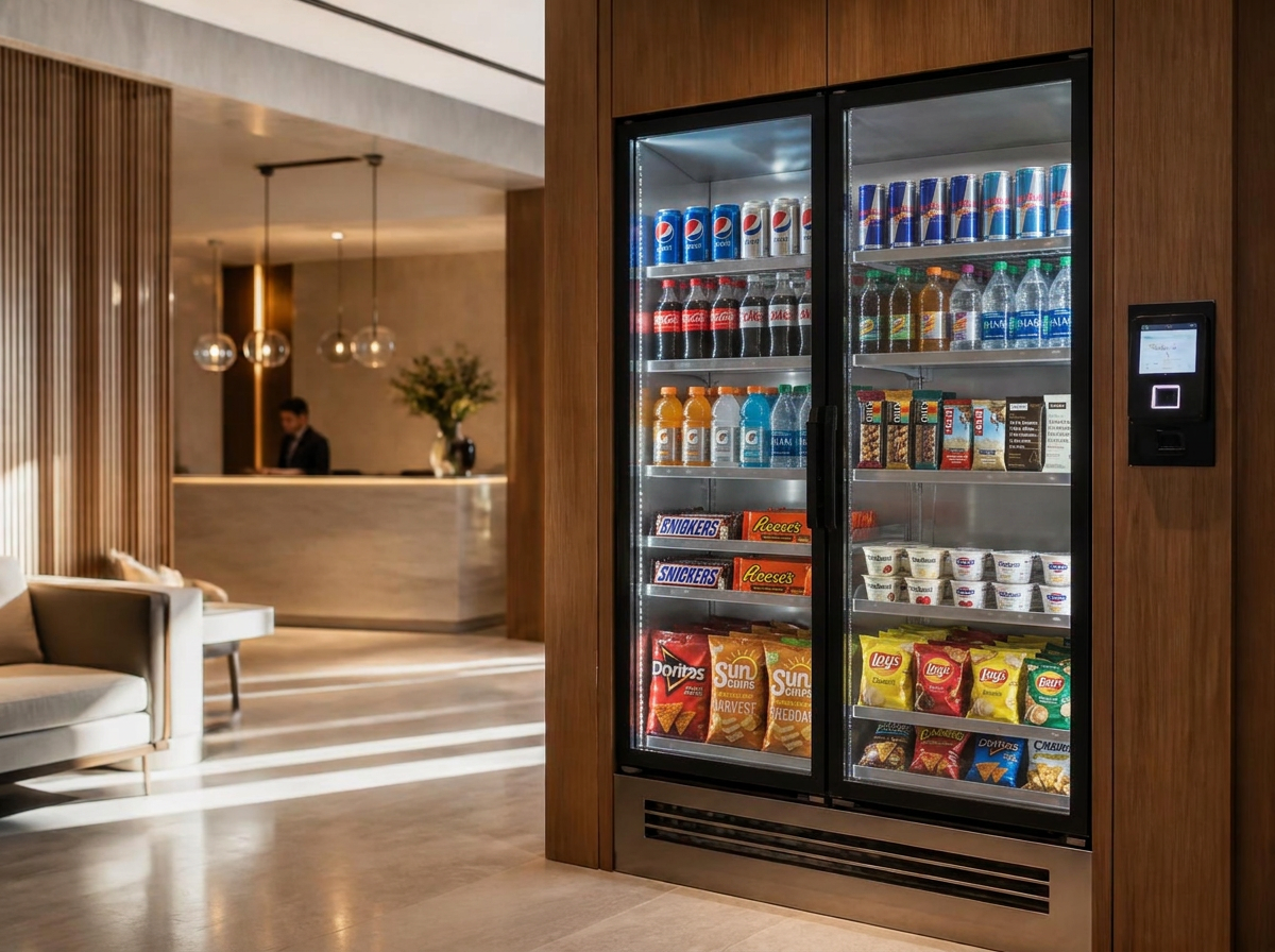 A modern smart cooler stocked with drinks, snacks and fresh food, built into the millwork of a hotel lobby